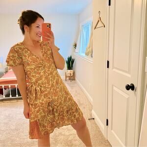 Perry Walker Collective Orange Floral Silk Blend Wrap Mini Dress Medium